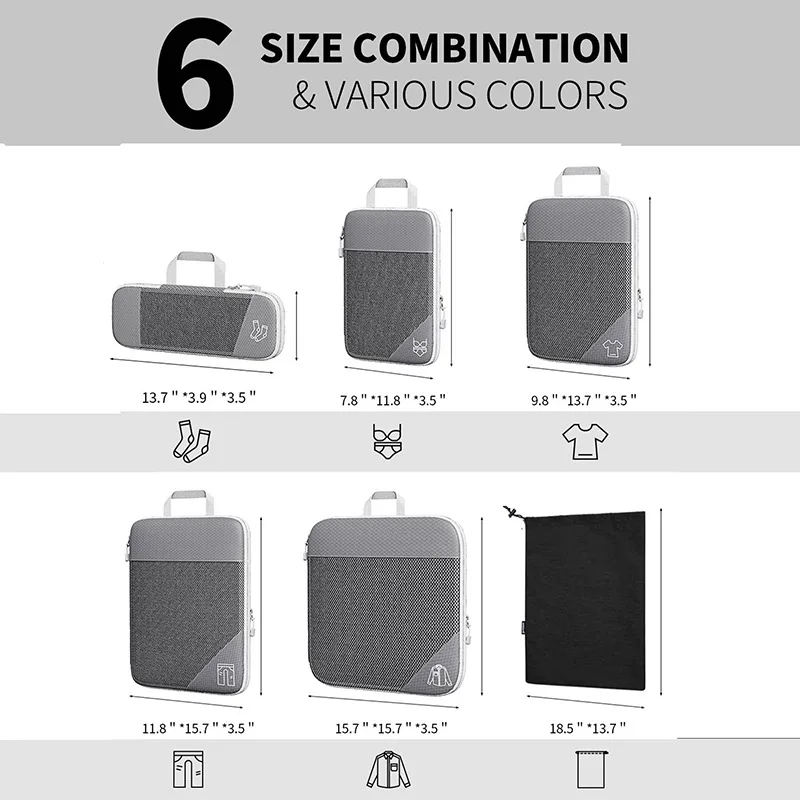 6pcs Set Travel Compressed Storage Bags Nylon Packing Cubes Organizer Shoe Bag Mesh Visual Luggage Portable Lightweight Pouch