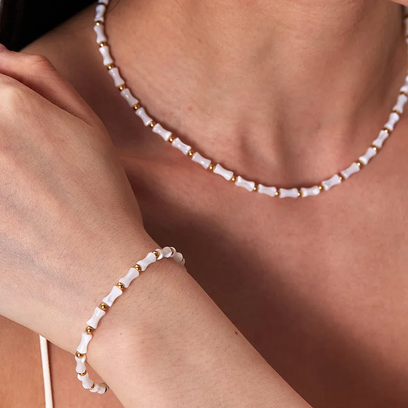

INS Trendy 18k Gold Plated Stainless Steel White Shell Bamboo Shaped Beads Bracelet Necklace Set for Women Fashion Jewelry Gift