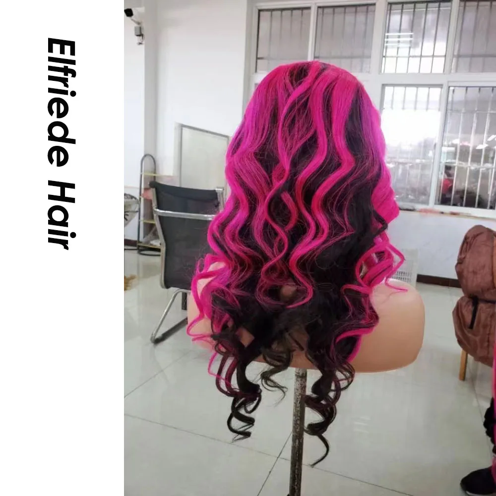 Elfriede # 1B розово-красные цветные кружевные парики для женщин свободные волнистые