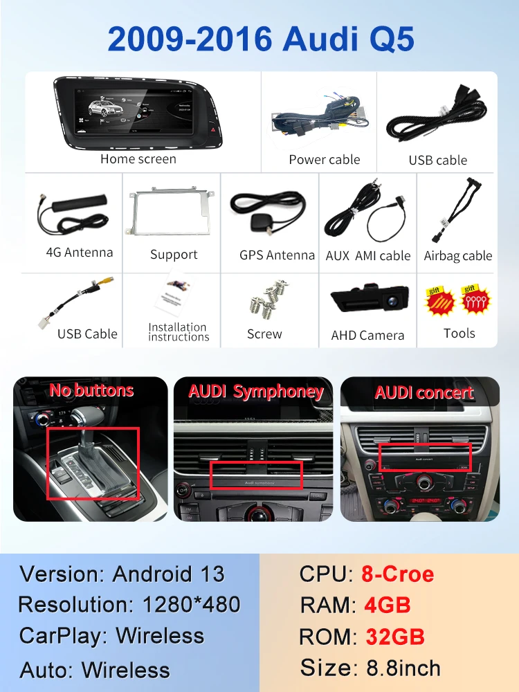 

8,8-дюймовый 8-ядерный Android13 беспроводной CarPlay для AUDI Q5 09-16, автомобильная интеллектуальная система, автомобильный мультимедийный экран, GPS-навигация