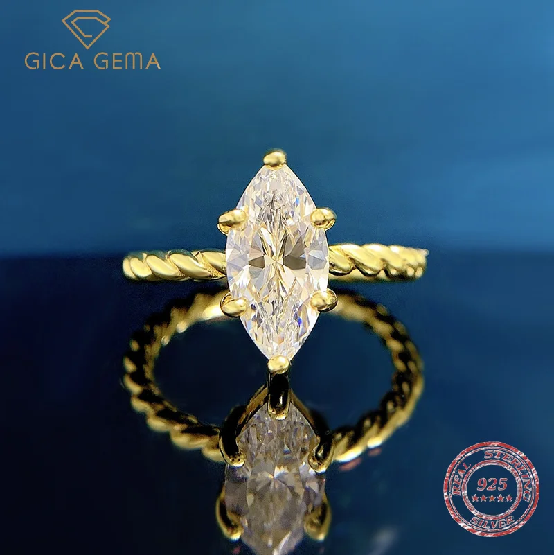 

GICA GEMA 18K Gold Plated 925 Sterling Silver 6*12MM Marquise Cut High Carbon Diamond Gemstone Fine Jewelry Women Ring Wholesale