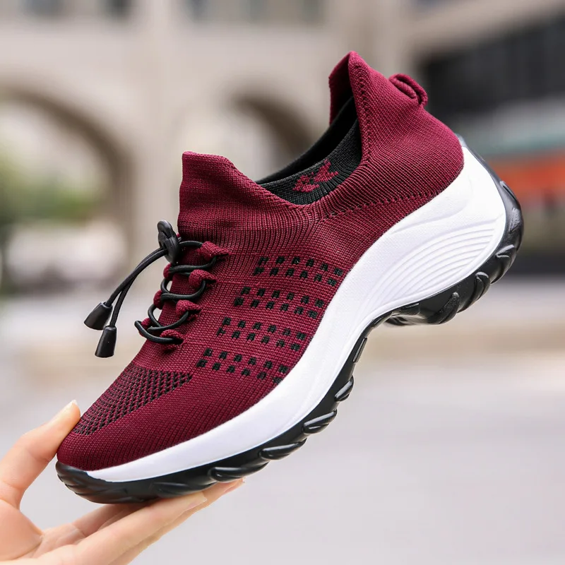 

Ladies Sneakers Casual Shoes Knitted Breathable Mesh Solid Color Round Belt Flat Non-slip Women