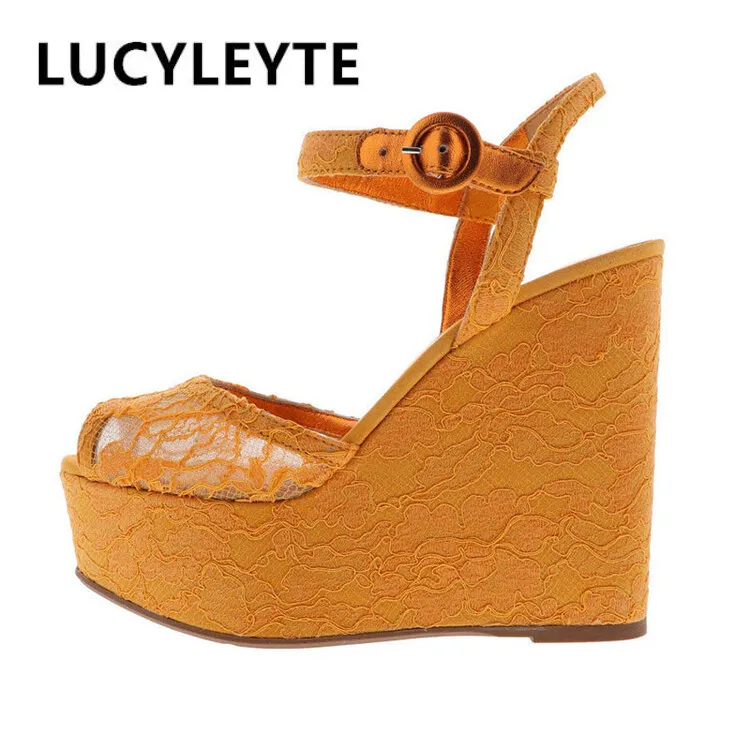 

2022 Ladies Summer New European and American Fashion Lace Mesh High Heel Sandals Wedge Heel Fish Mouth Banquet Sandals
