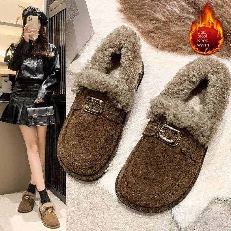 

SLTNX 2023 Women's Winter Plus Cashmere Retro Woolen Shoes Ugly Cute Warm Cotton Shoes Office Worker Lazy Flat Bean Single Shoes