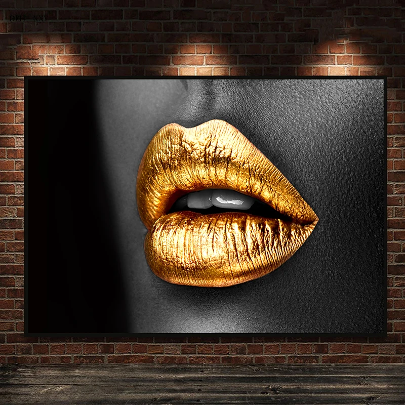 

Golden Mouth Luxury Wall Art Canvas Painting Prints HD Pictures Modern Fashion Lips Posters for Interior Home Living Room Decor