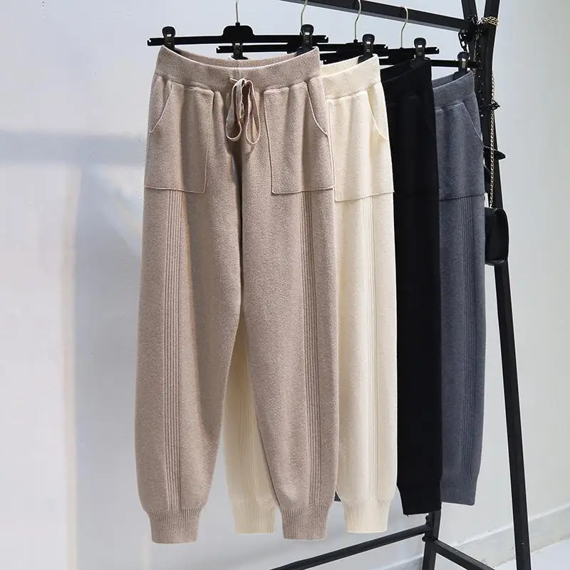 Autumn Winter Women's Pure Cotton Harem Pants High Waist Drawstring Big Pockets Draped Loose Casual Harem Pants