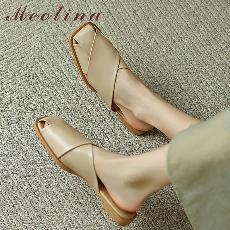 

Женские мюли из натуральной кожи Meotina, летние туфли абрикосового цвета, плоская подошва, узкие шлепанцы