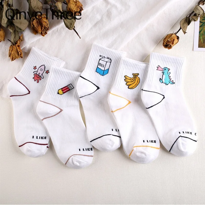 

Women Kawaii Milk Banana Dinosaur Pencil Rocket Cartoon Socks Novelty Illustration Letter White Cute Cotton Sokke Dropship