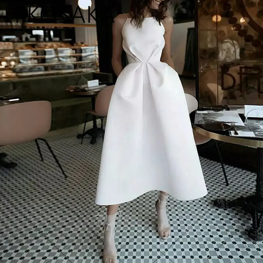 

White Satin Evening Dress Sexy Camisole Strapless Midi A-Line Dress Party Dress Wedding Formal Prom Gowns 2023 Fashion Elegant