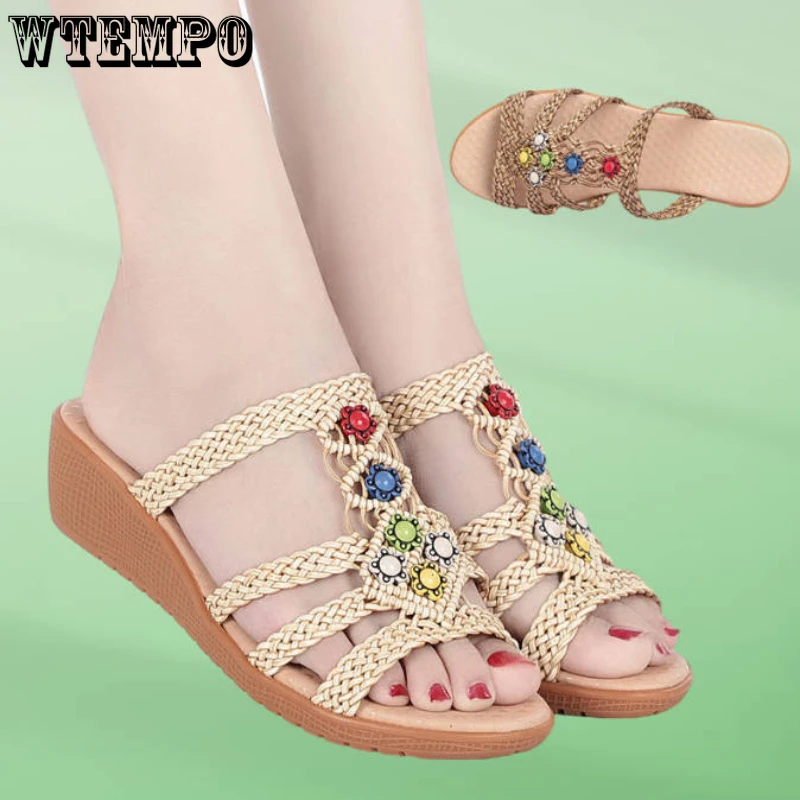 WTEMPO Bohemia Style Weave Wedge Slippers Women 2023 Summer Soft Sole Sandals Comfortable Non Slip Beach Slides Wholesale