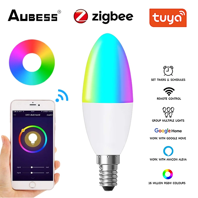 

Умная Светодиодная лампа Tuya Zigbee, светильник с регулируемой яркостью, E14, RGB + CW + WW, 5 Вт, управление голосом через приложение