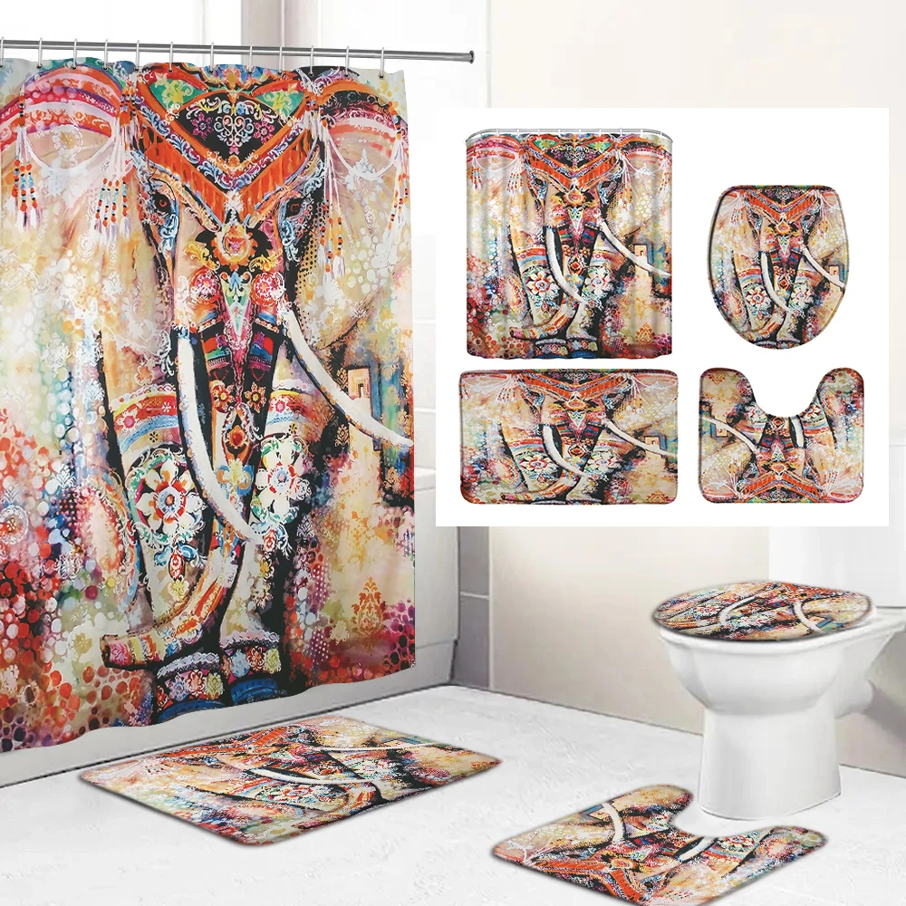 

Boho Indian Elephant Printed Fabric Shower Curtains Bathroom Curtain Set Anti-skid Rugs Carpet Toilet Lid Cover Bath Mat Sets
