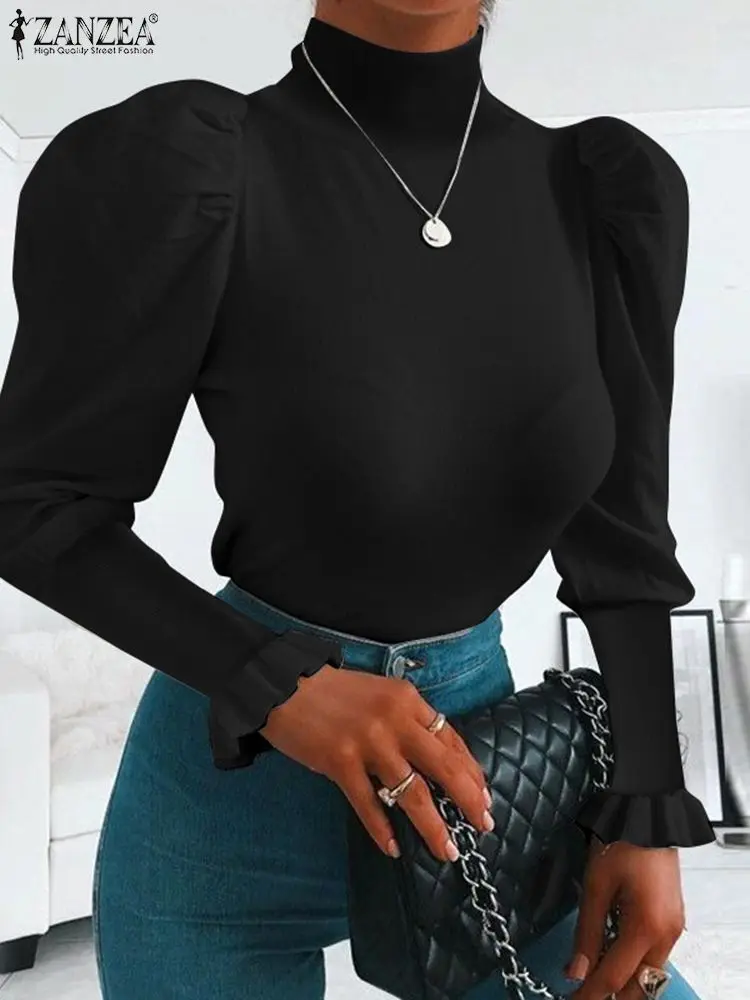 

ZANZEA Vintage Long Puff Sleeve Shirt 2022 Spring Turtleneck Ruffle Tunic Top Holiday Beach Chemise Femme Women Sexy Slim Blouse