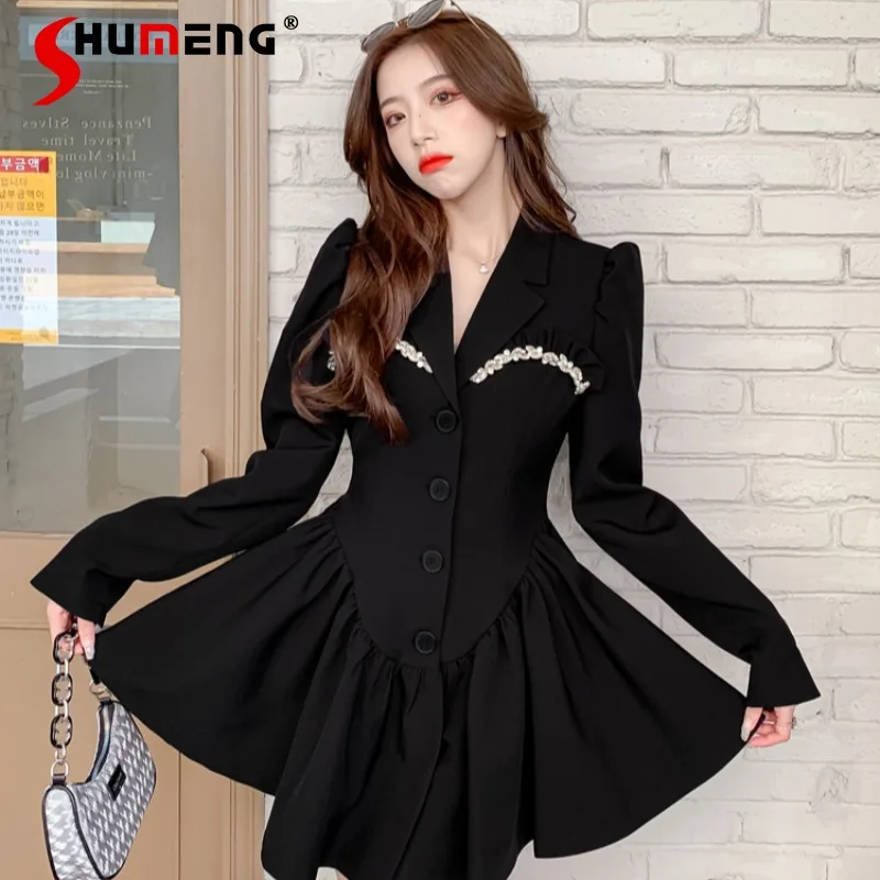 

Ретро тяжелые бусины бриллиантовый мини костюм Пышное Платье 2022 ВЕСНА Новинка французское платье с высокой талией оборками строченный чер...