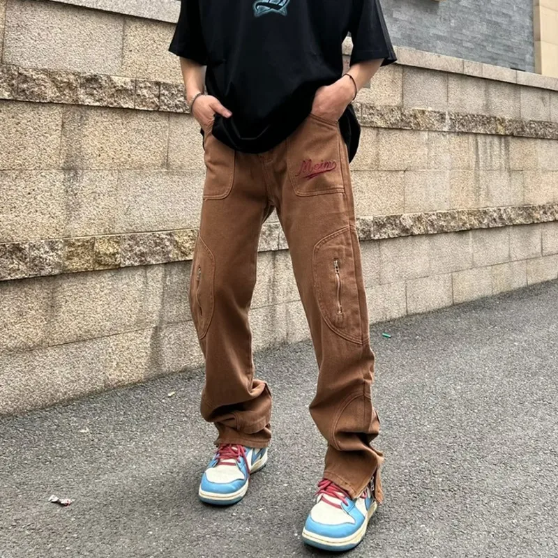 New Fashion Letter Embroidery Vintage Brown Men Cargo Jeans Pants Ankle Zipper Hip Hop Baggy Straight Denim Trousers Pantalones