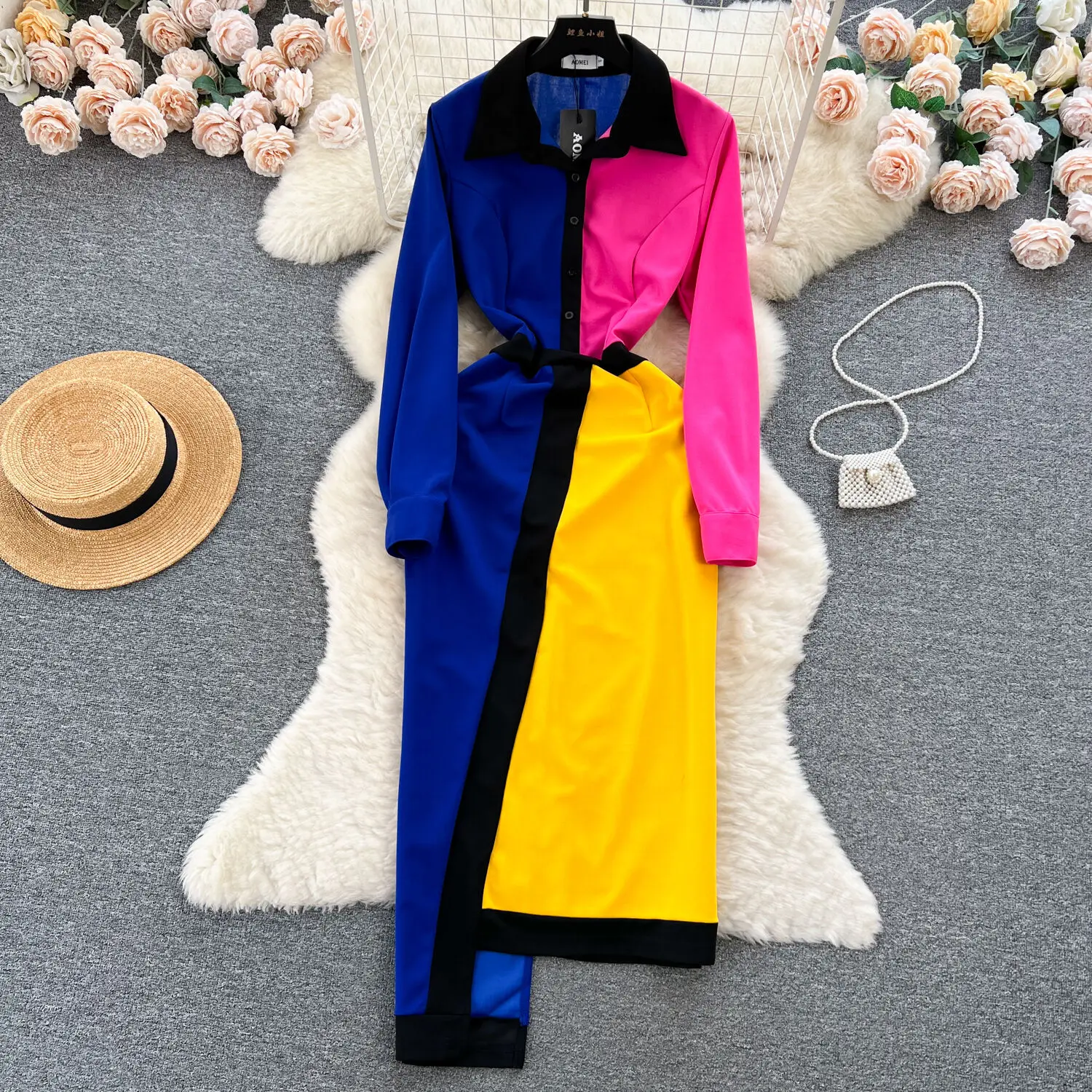 

Женское платье с длинным рукавом, воротником с лацканами и пуговицами