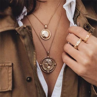 retro gold alloy head seal round piece necklace multilayer metal long chain punk sweater chain fashion jewelry