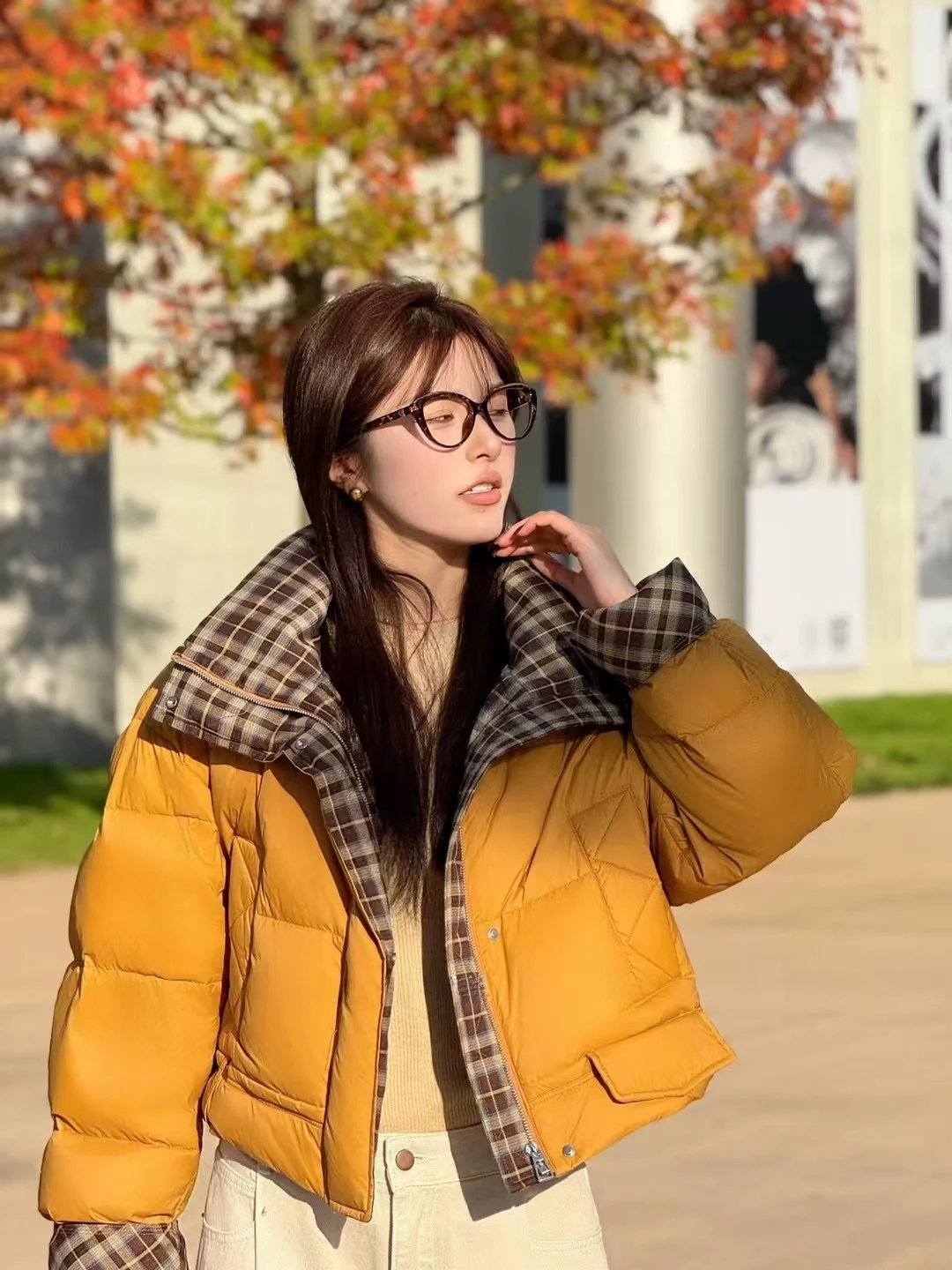 2024 зимний клетчатый пуховик контрастного цвета с воротником-стойкой короткий
