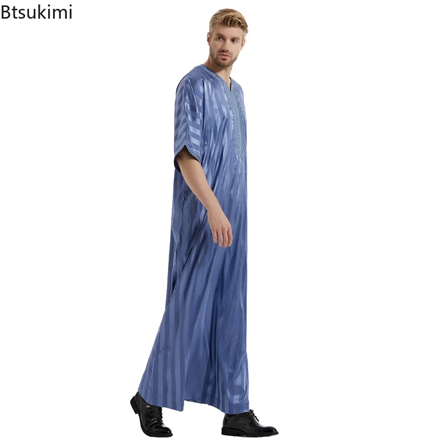 Ramadan Muslim Men Jubba Thobe Solid Color Kimono Middle Sleeve Robe Saudi Musulman Stand Collar Islamic Arabic Kaftan Men Abaya