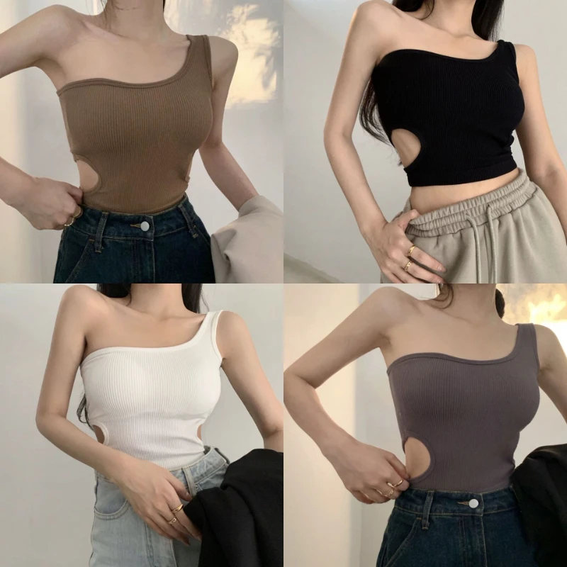 

Sexy Corset Tank Top Women Y2k One Shoulder Summer Seamless Knit White Crop Top with Chest Pad Regata Feminina Women Intimates 6