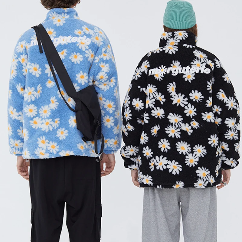 New Hip Hop Style Daisy Print Fleece Warm Full Zip Coats Fashion Harajuku Outwear Cotton Padded Thick Parkas Jackets Streetwear