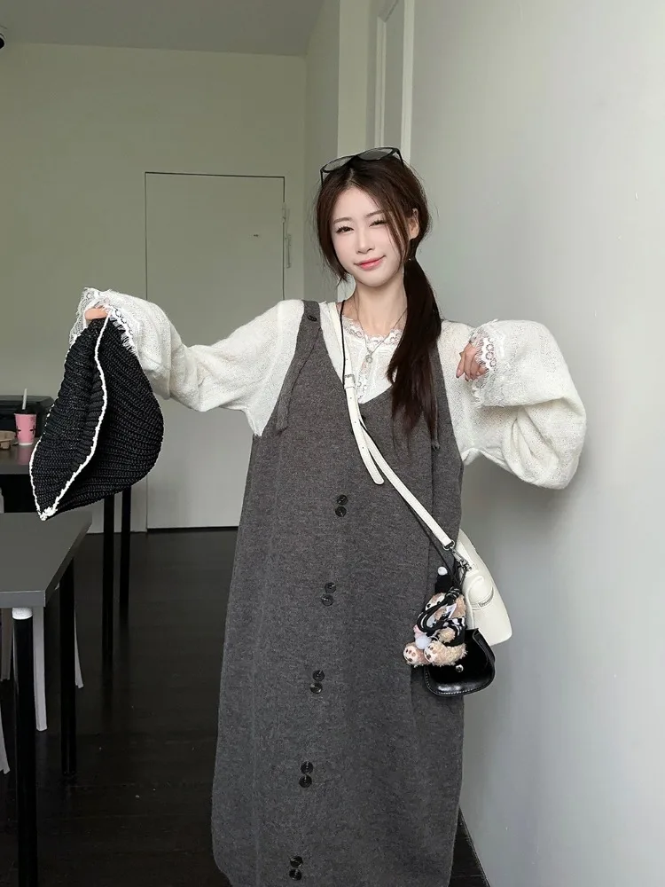 Серое вязаное платье на подтяжках в стиле ретро с v-образным вырезом женское