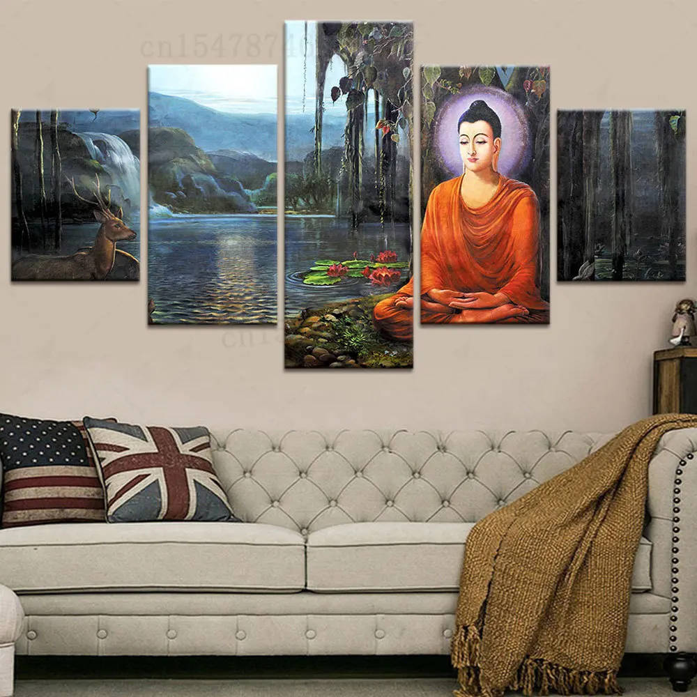 

5 панелей, Будда, искусство, живопись, холст, печать, Декор, плакат, украшение для дома для гостиной, искусство стены