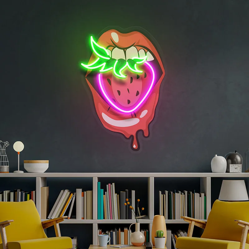 

Neon Sign Custom Lips with Strawberry Neon Light Business Logo Bar Wall Artwork Decor Led Lights Signs Personalized Gift