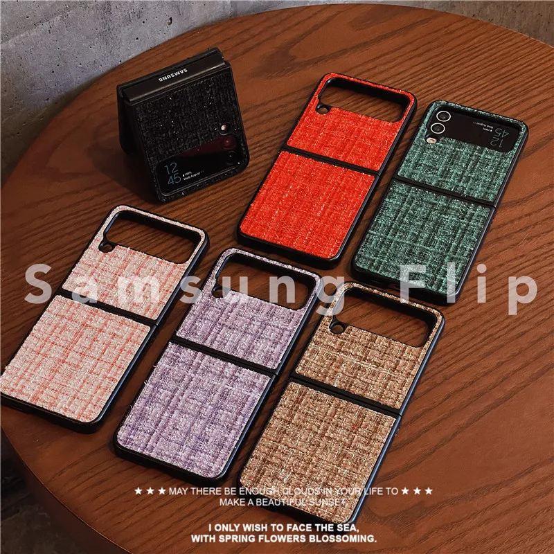 

Luxury Fabric Plaid Knitted Plaid Phone Case for Samsung Galaxy ZFlip 4 3 Hard Cover for ZFlip3 Zflip4 Solid Shell Bracket