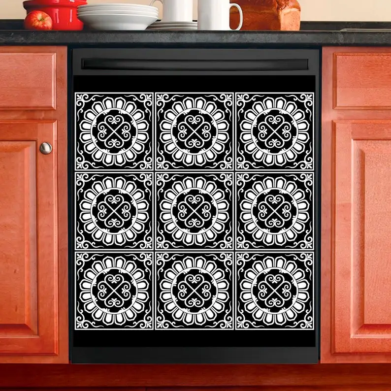 

Kitchen Decor Dishwasher Magnet Cover Beautiful Morrocan Pattern Black & White