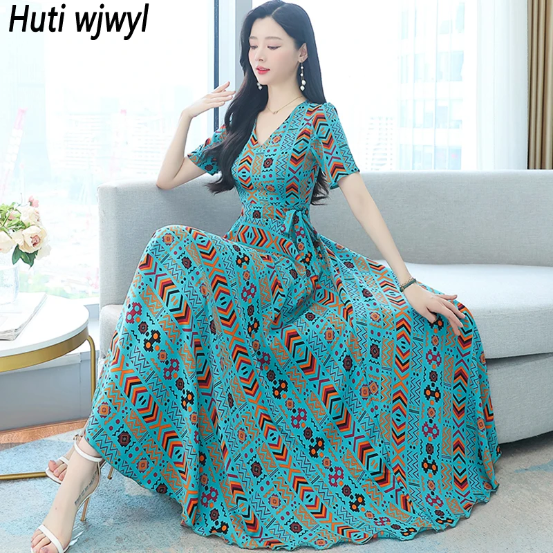 

2022 Casual Women Boho Beach Long Dress Elegant Bodycon Party Night Maxi Vestidos Summer Floral V-Neck Chic Sexy Prom Midi Dress