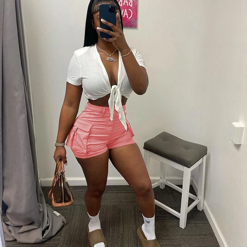 Women Fashion Solid Cargo Shorts Summer Casual High Waist Pocket Skinny Bottoms Sexy Nightclub Party Y2K Streetwear S-XXL