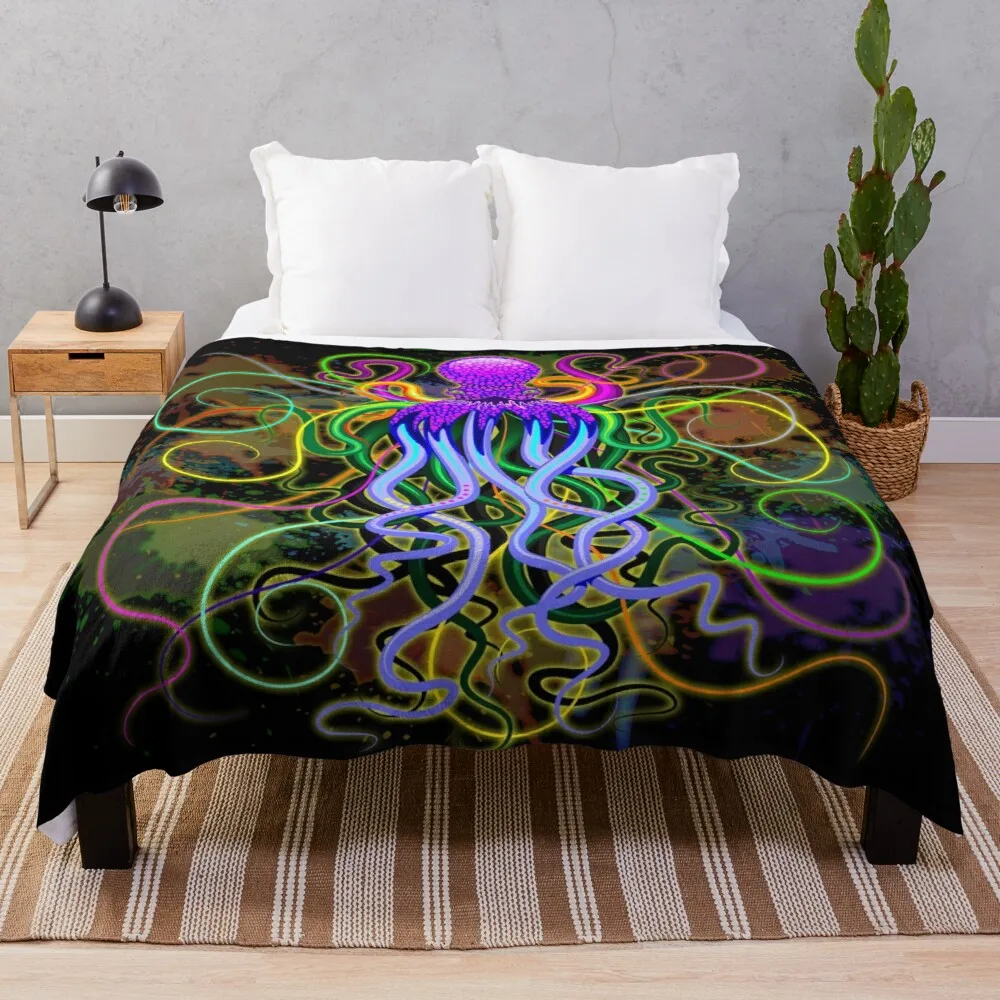 

Octopus Psychedelic Luminescence Bed Boho Plaid With Tassels Plush Plush Sherpa Throw Blankets