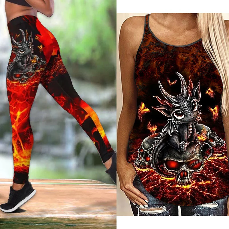 Women's Lovely Dragon And Skull Red Fire Hollow Tank Top And Legging Outfit for Women Casual Yoga Sport Leggings