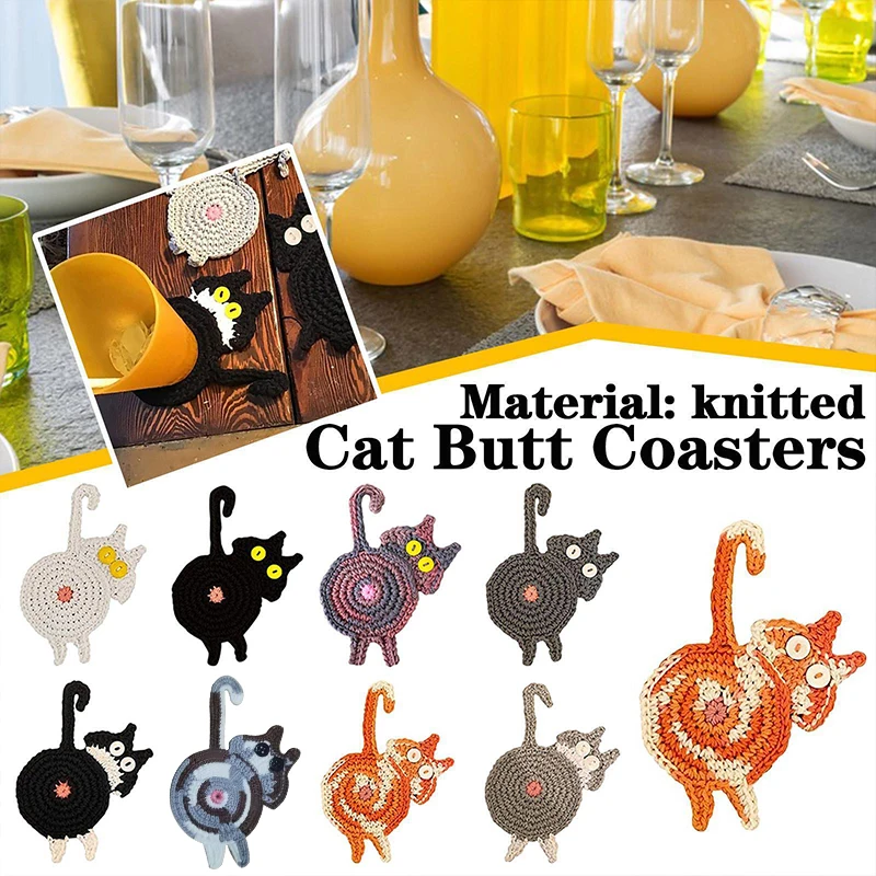

Knit Cup Coaster Cute Animal Coffee Mug Mat Table Placemat Heat Insulation Cat Butt Dining Mat Home Kitchen Decoration Pot Pad