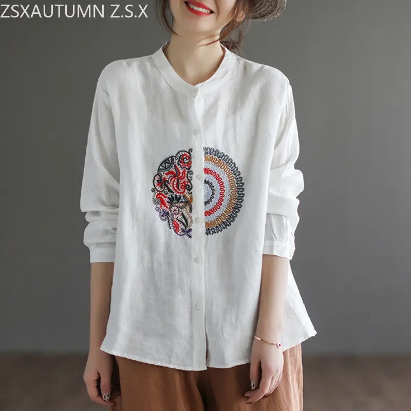 

Chinese Blouse Cotton Linen Embroidery Shirt Women Ethnic Style Irregular Cardigan Short Loose Vintage Spring Long Sleeve Tops