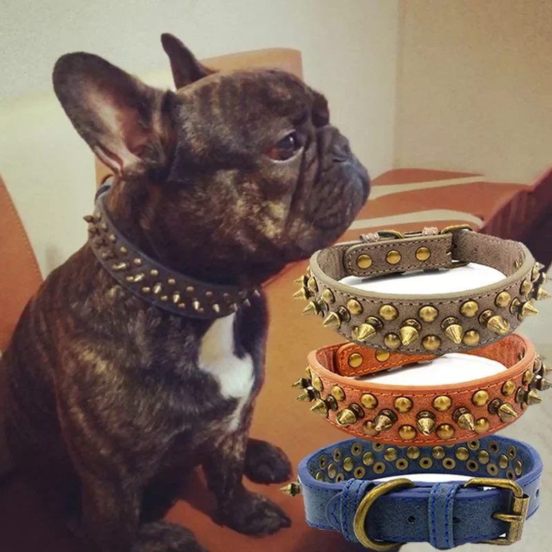 

French Bulldog Pitbull Dogs Collar Retro Golden Rivet Studded Leather Pet Collar for Small Medium Large Dogs Spiked Neck Strap