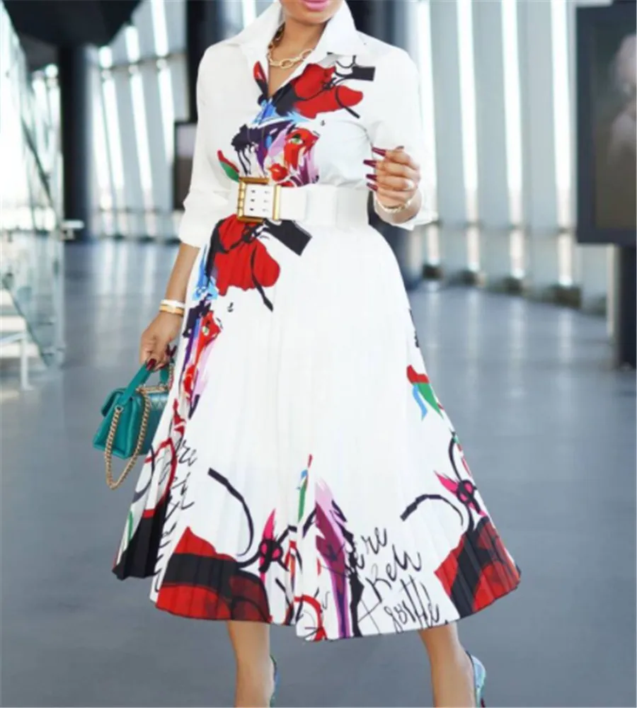 

Женское длинное Плиссированное Платье-рубашка, Элегантное повседневное белое офисное платье макси с отложным воротником и принтом, лето 2022