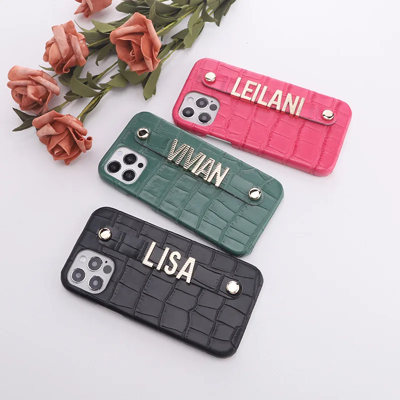 

Luxury Real Leather Phone Case for IPhone 13 ProMax Custom Your Name Wristband Back Cover for 12 11 Pro Xr Xs Max Funda Coque