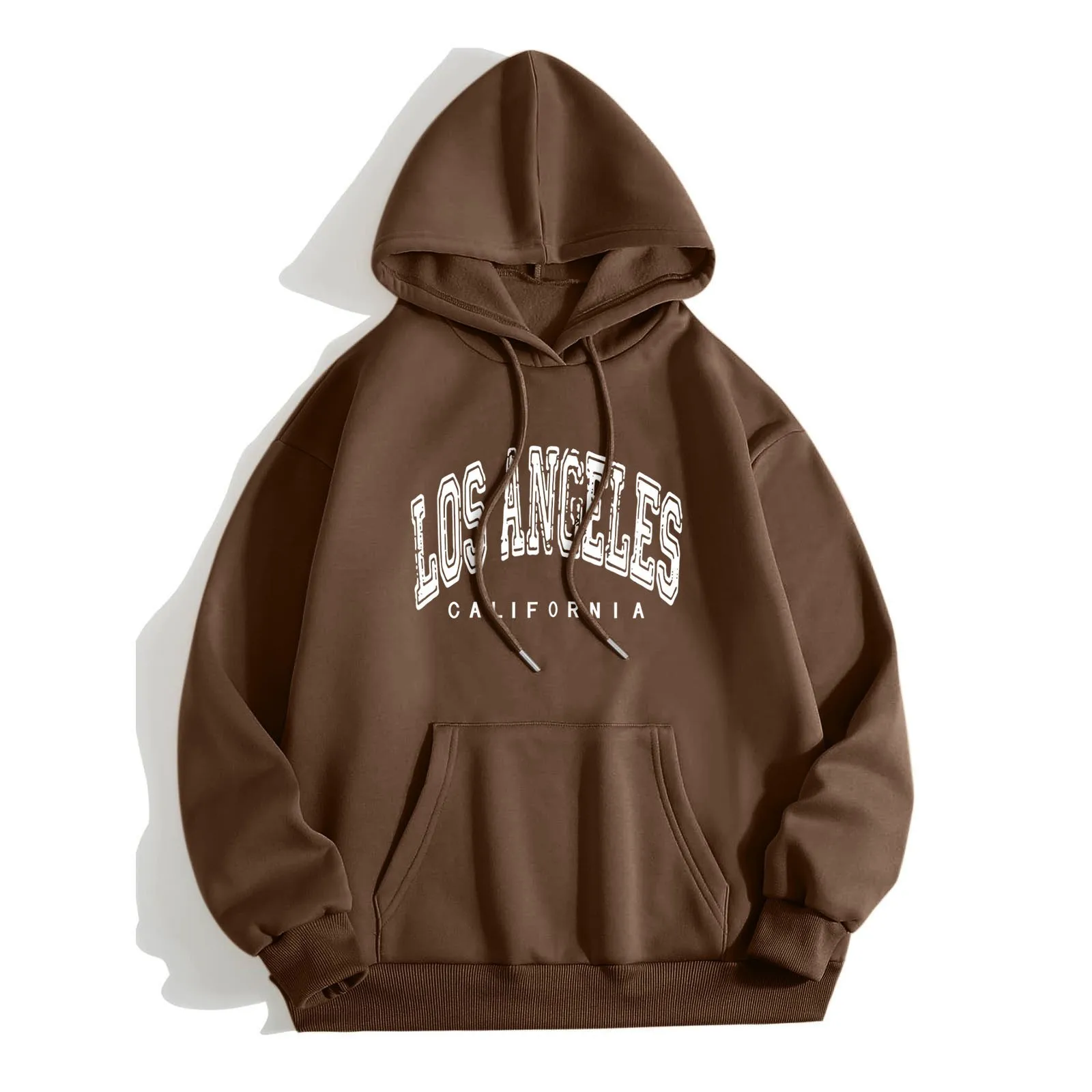 Los Angeles Letter Hoodies Women Harajuku Sweatshirts Casual Loose Long Sleeve Hooded Autumn Vintage Brown Pullover Blouse Tops