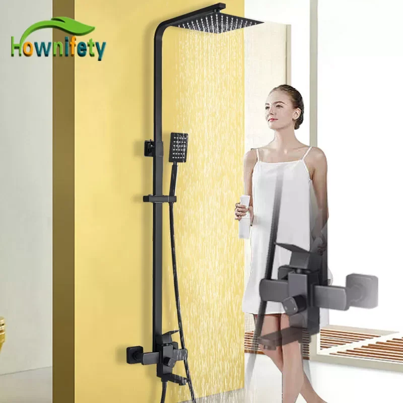 

Matte Black Shower Mixer Faucet Wall Mount Bahtroom Rainfall Shower Head Hand Shower Square Bath Shower Set