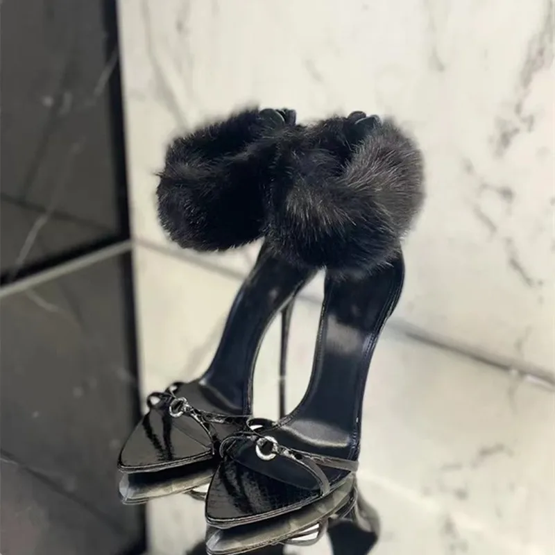 

Женские босоножки на высоком каблуке, черные босоножки на шпильке с острым носком и плюшевой подкладкой, модная женская обувь для вечеринки...