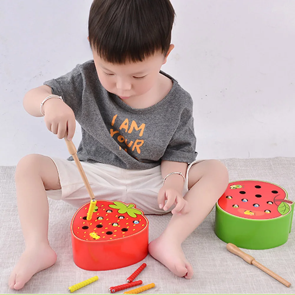 

Baby 3D Strawberry Puzzle Wooden Toy Early Childhood Educational Catch Worm Game Color Cognitive Grasping Ability Training Toys