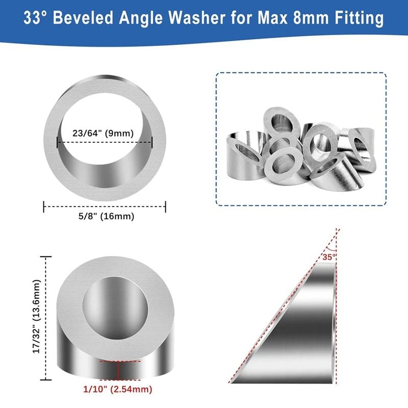 33 ° Скошенные угловые шайбы 9 мм для комплекта оборудования кабельных перил 8