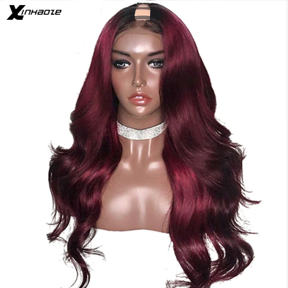 Xinhaoze Ombre 99J U Part Wigs Middle/Left/Right Part Malaysian Body Wave Pre Plucked 180% Density 2x4'' U Part Human Hair Wigs