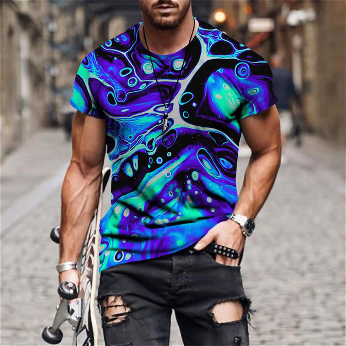 

Men Summer Street Wind Dark Tide Chaos with Men Simple Casual Daily Tops Versatile Solid Color Around Neck Pullover
