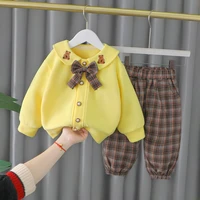 spring autum baby outfits for girls turn down collar long sleeved cardigan coat pants korean casual two piece set kids clothes