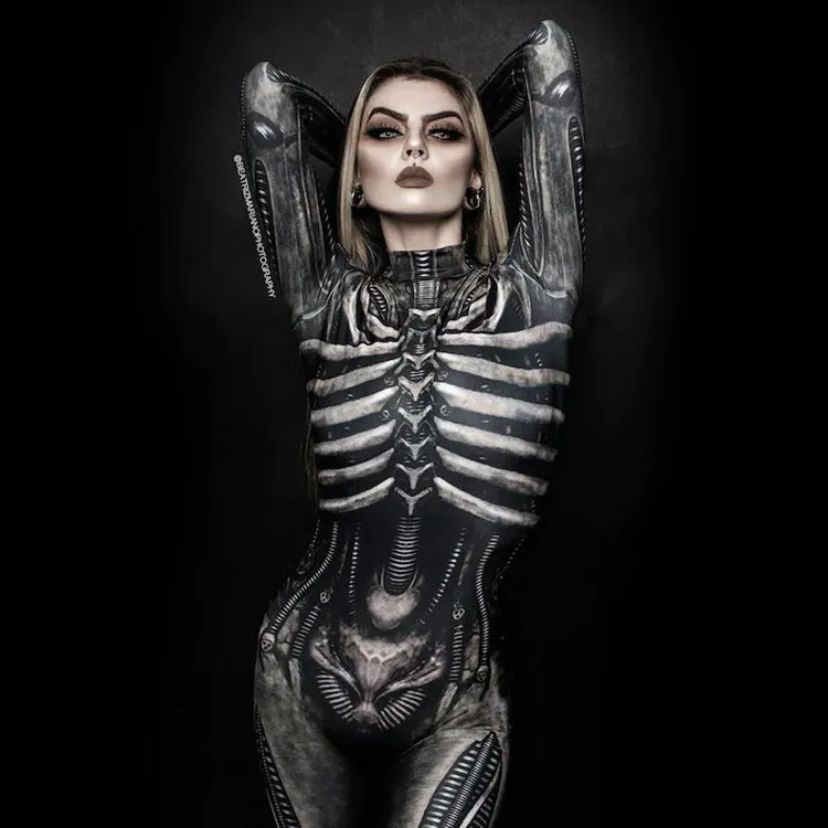 

Women Clothing Long Sleeve 3D Printed Halloween Carnival Horror Human Skeleton Cosplay Costumes Tight Jumpsuit Zentai Bodysuit