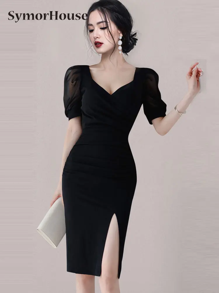 

Женское платье-карандаш с V-образным вырезом и рукавами-фонариками