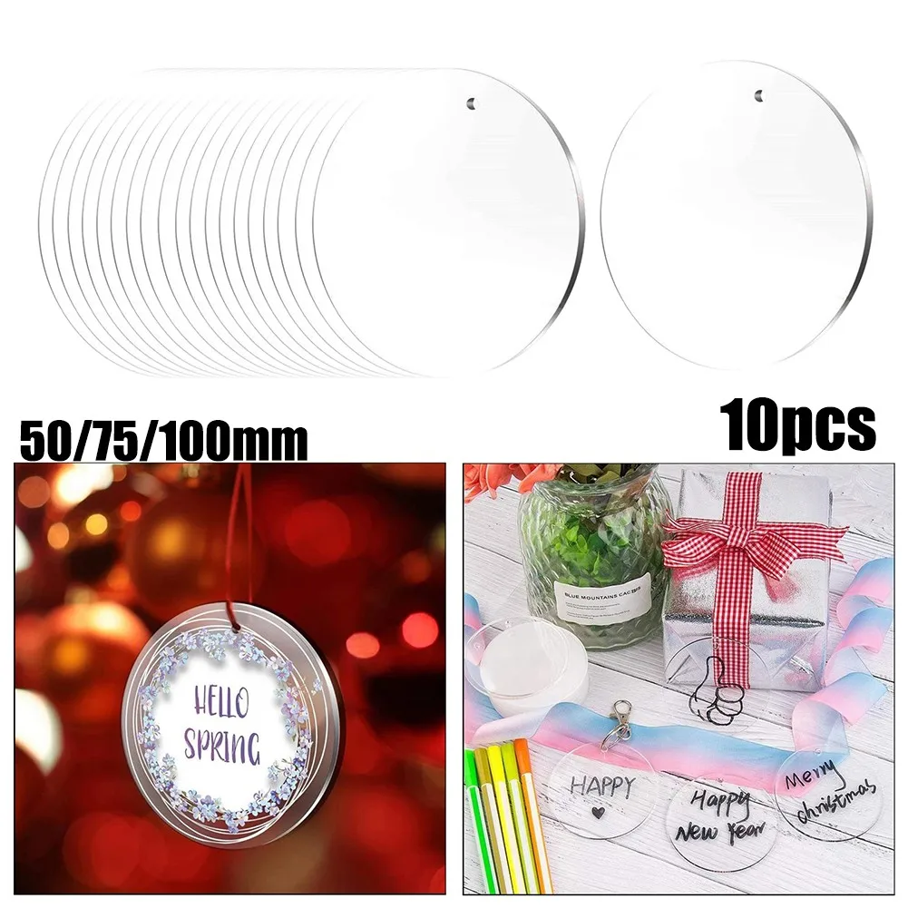 

10pcs Acrylic Christmas Ornament Blank Transparent Acrylic Disc DIY Blank Christmas Round Decoration With Hole For DIY Craft